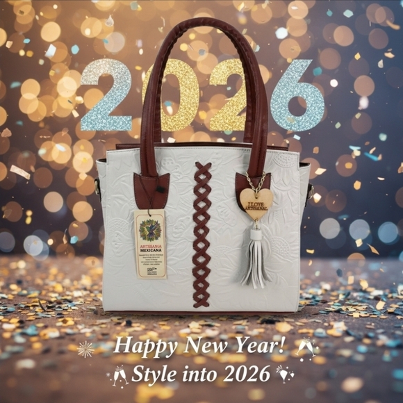 Floral White & Brown Cross Stitch Embossed Tooled Artisan LEATHER Bag Purse Tote - Picture 12 of 12